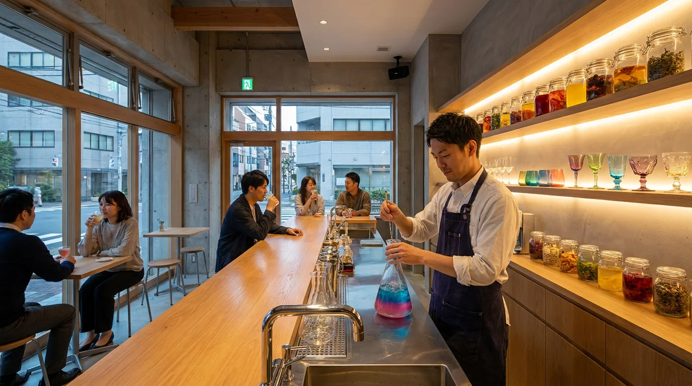 グラスとシェイカーが並ぶPaletteLAB.のカウンターを含む店内全景