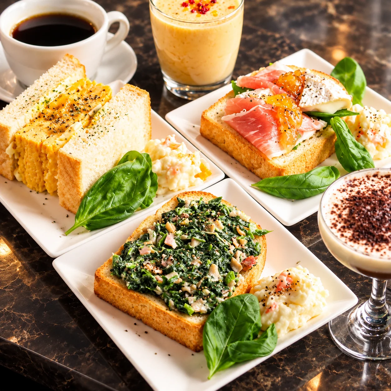 スピナッチと生ハムとカマンベールのオープンサンド、たまごサンド、コーヒーとドリンクが並ぶカフェのテーブル